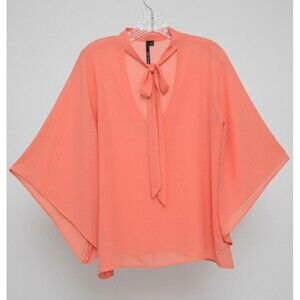 Kay Celine Womens Size S Coral Chiffon V-Neck Tie Kimono 3/4 Sleeve Blouse